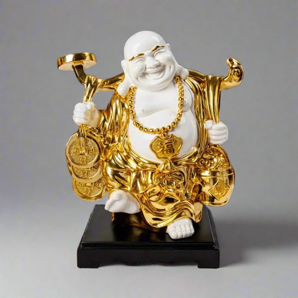 Resin White & Gold Toned Laughing Buddha Statue